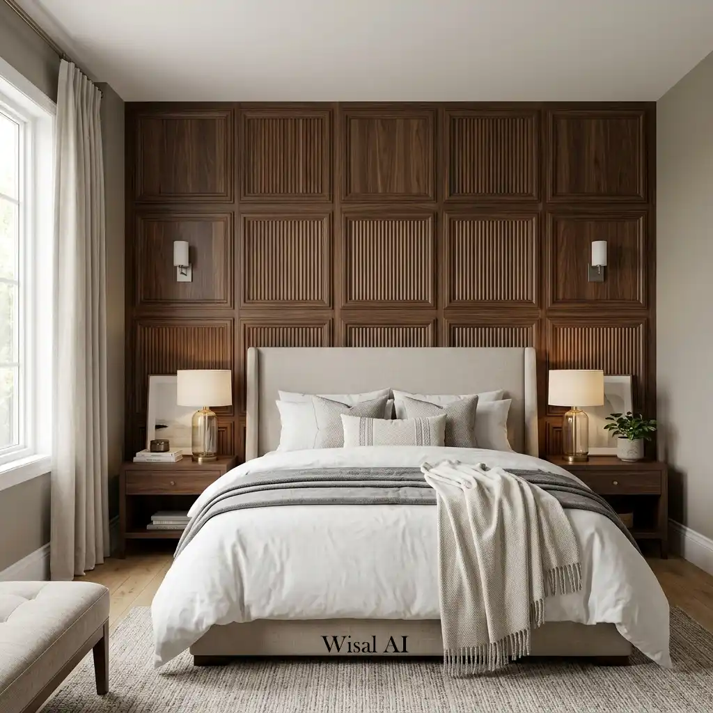 Luxury bedroom featuring fluted wood panels behind elegant upholstered statement bed beautifully.