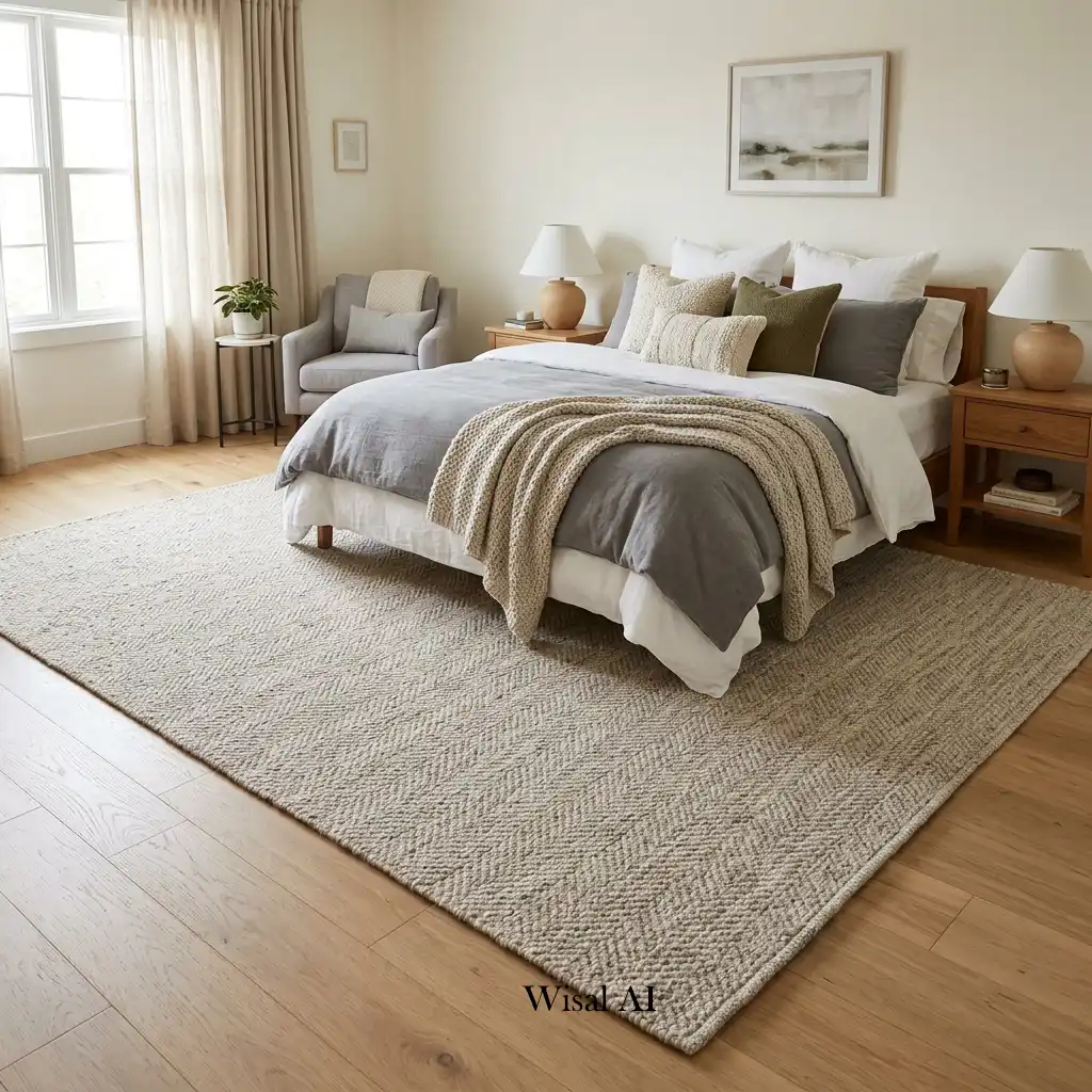 Luxury bedroom with a large area rug extending beneath the bed to add warmth and visual balance.