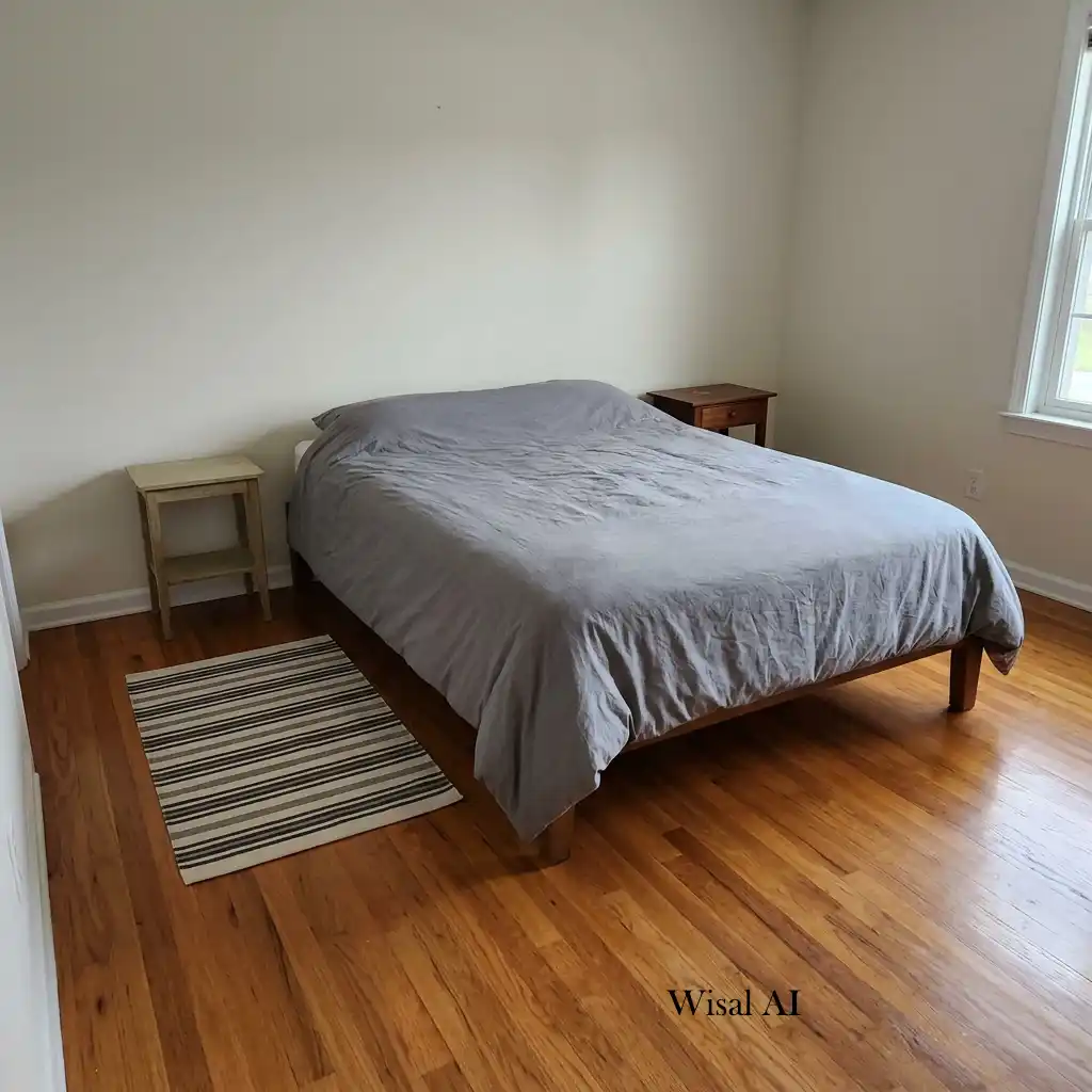 Spacious bedroom featuring a large area rug that visually expands the room.