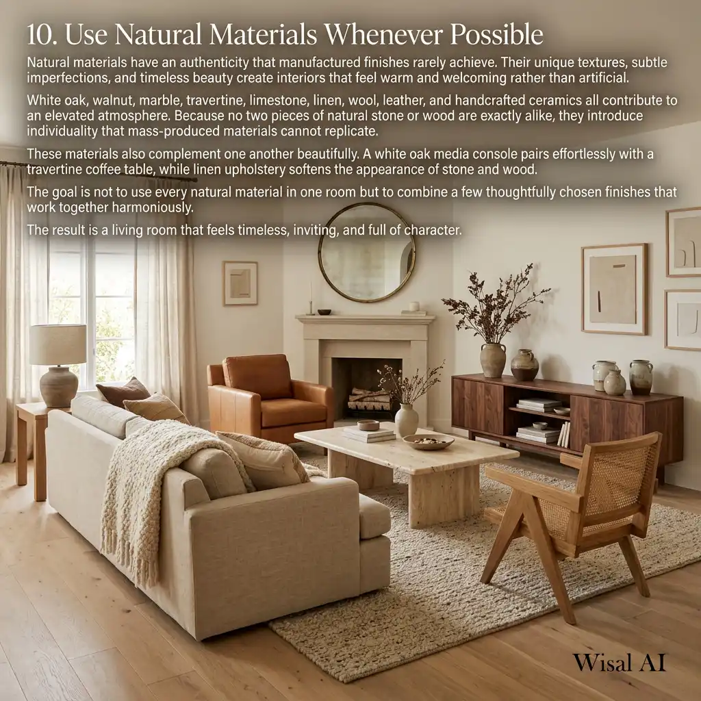Organic modern living room with white oak, travertine, and linen finishes.