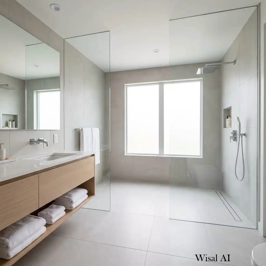 Full-height glass partition enclosing a minimalist walk-in shower with a linear drain.