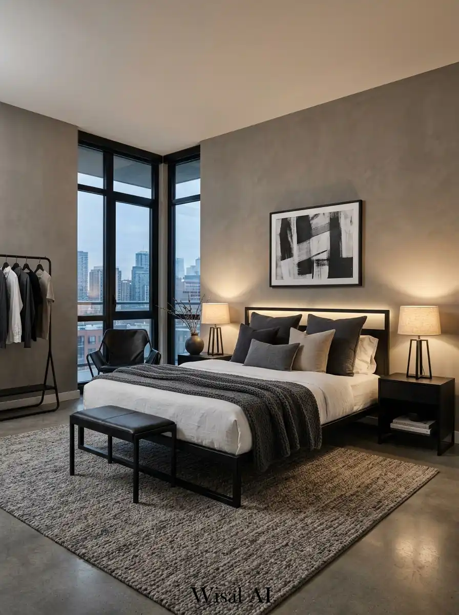 Modern bedroom with warm gray tones and black furniture in a clean architectural style.