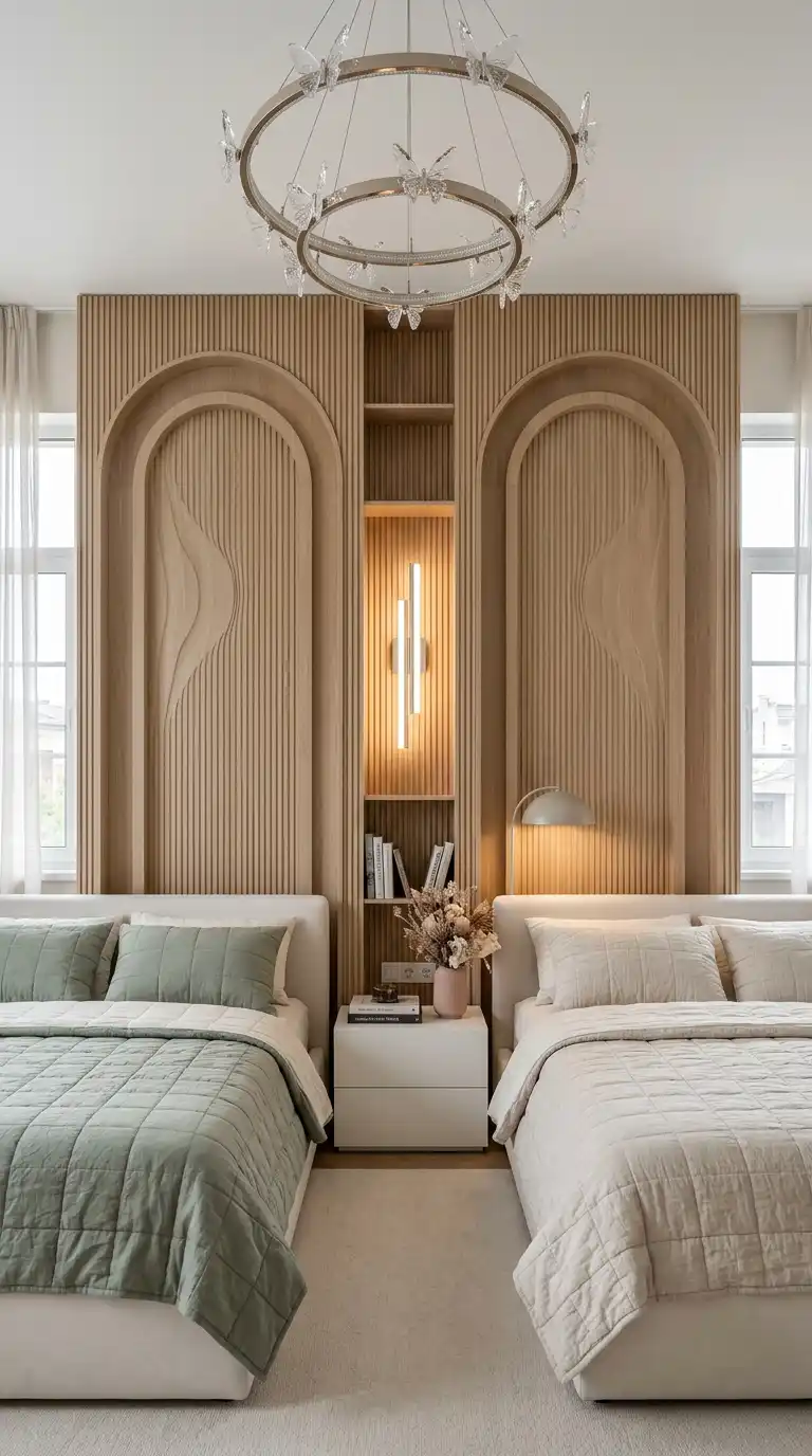 20. Wavy Wood Arches and Central Sconce: The Neo-Organic Twin Room Design