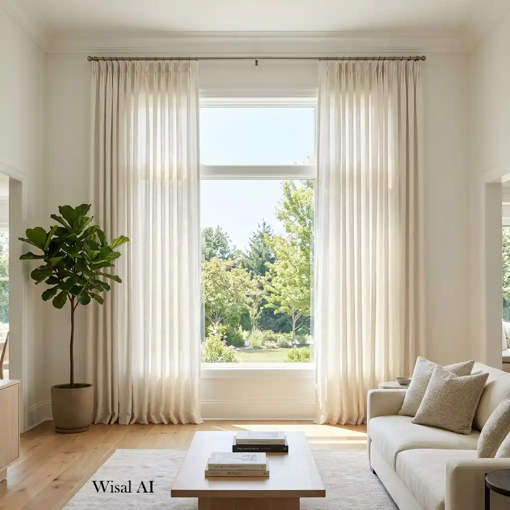 Bright living room with floor-to-ceiling linen curtains maximizing natural light and elegance.