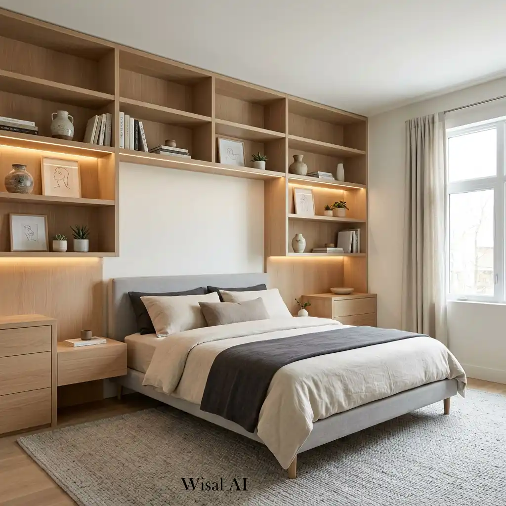 White oak built-in shelving styled with books, ceramics, and integrated lighting.