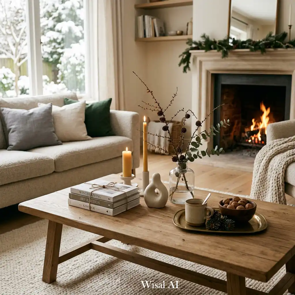 Stylish winter coffee table décor with candles and seasonal accents.