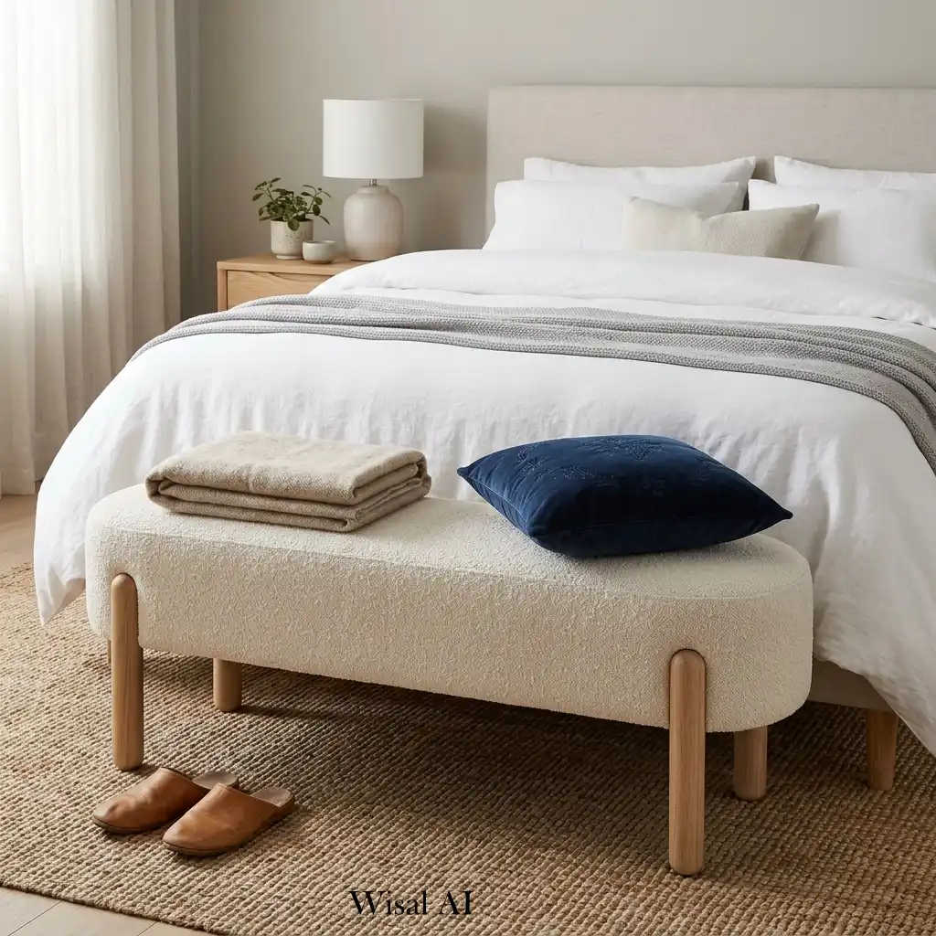 Upholstered bedroom bench positioned at the foot of a modern bed.
