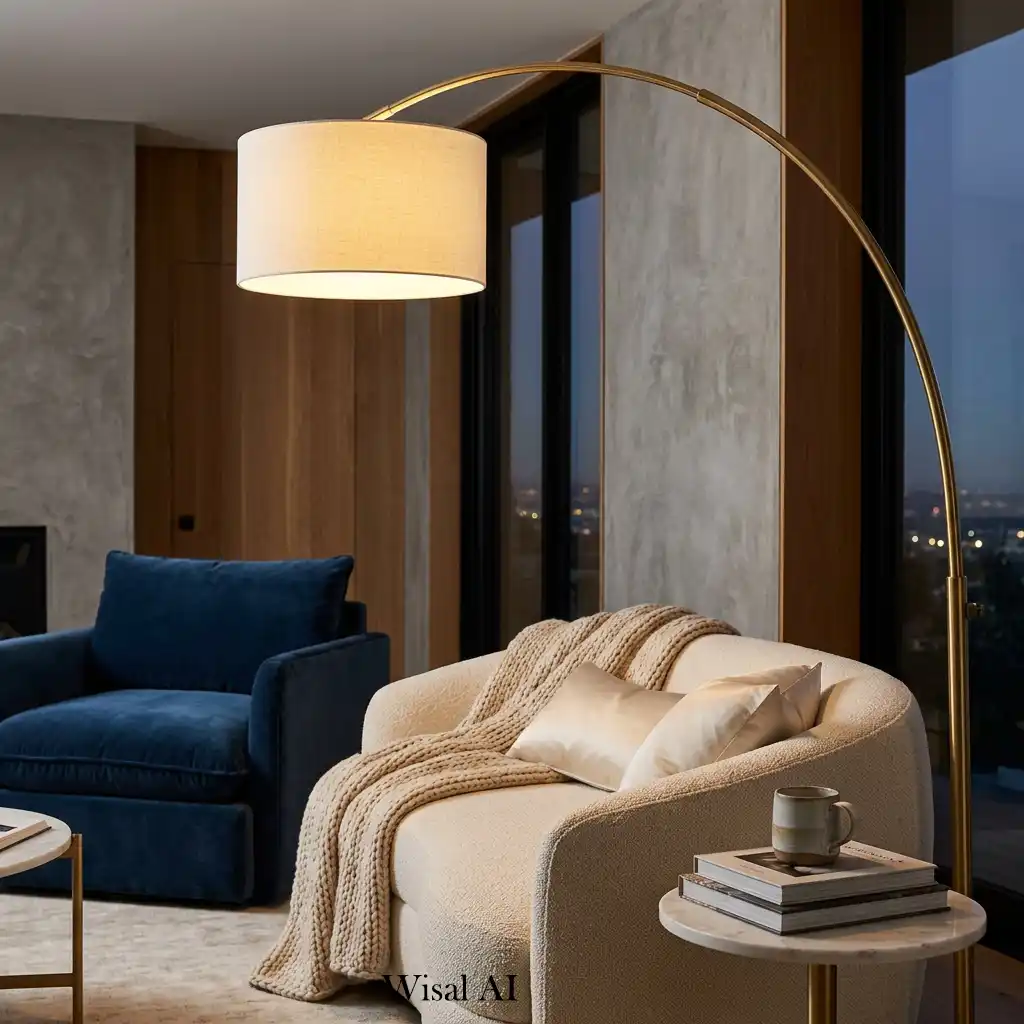 Sculptural designer floor lamp beside a curved sofa.