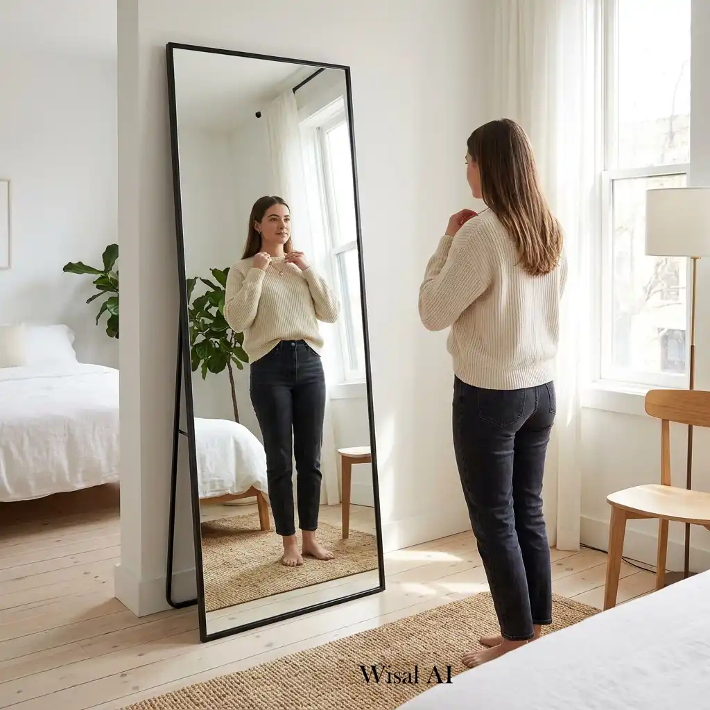 Full-length mirror reflecting natural light in a luxury bedroom.