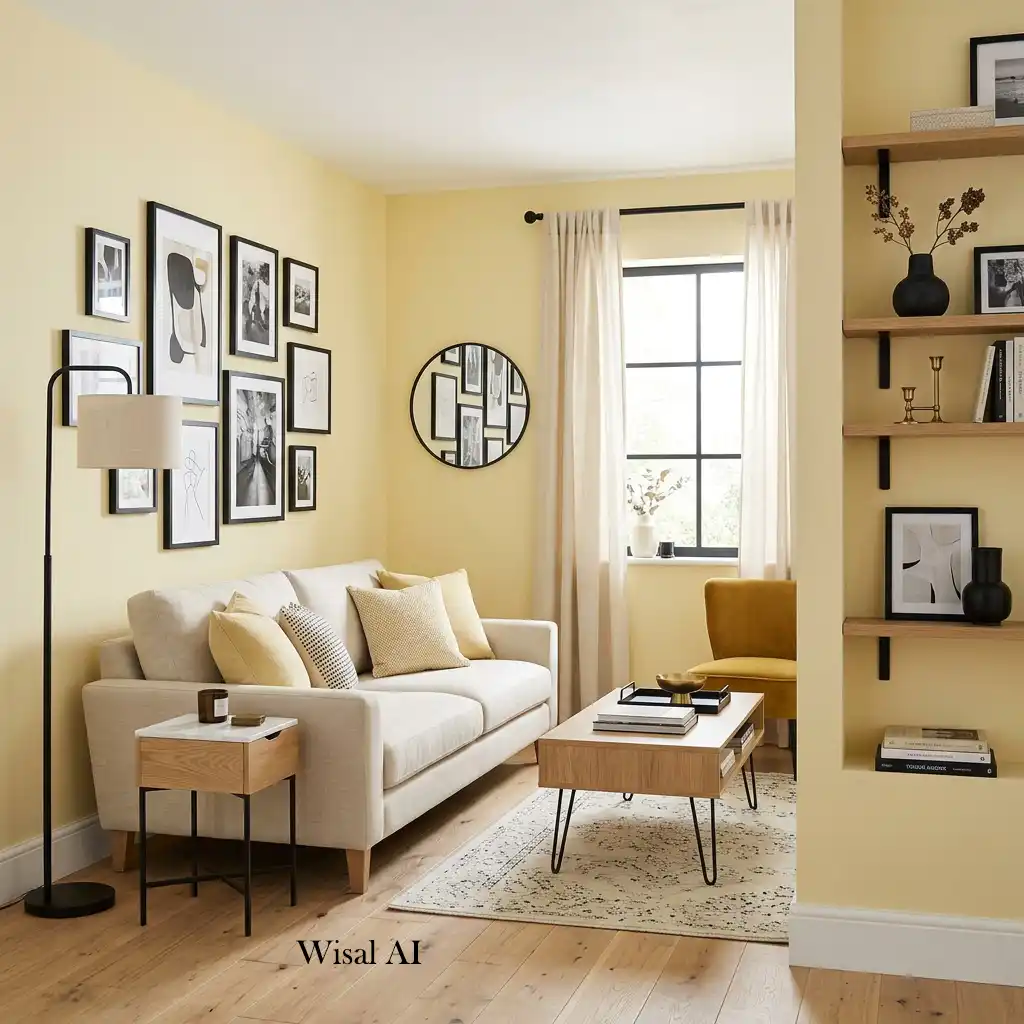 Contemporary butter yellow living room with matte black decorative accents.