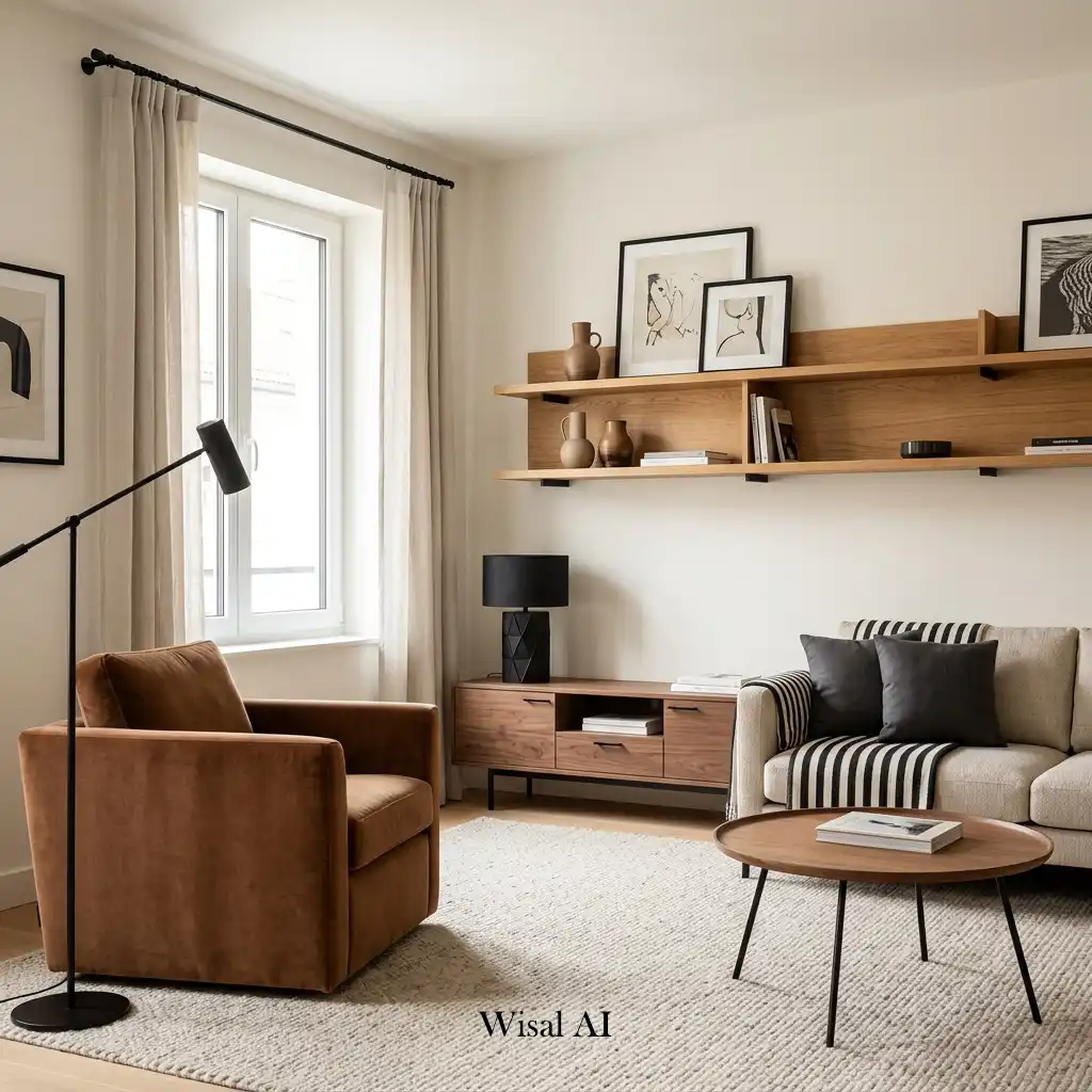 Contemporary living room with matte black details and cinnamon brown furnishings.