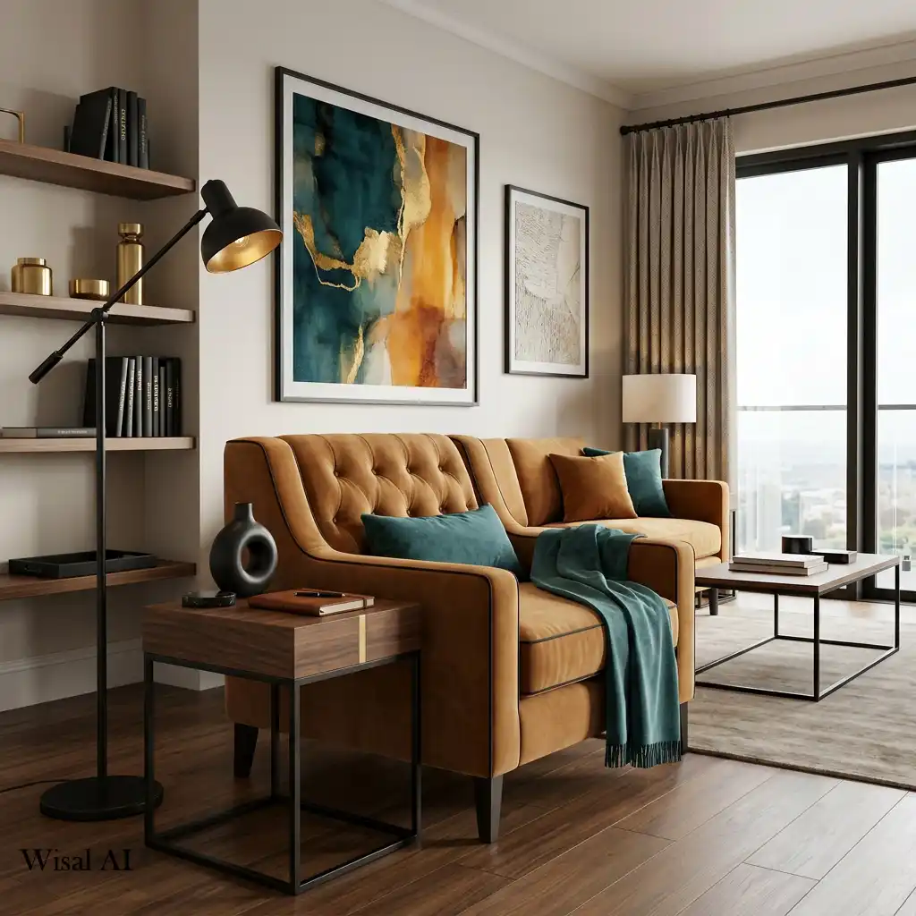 Contemporary living room with caramel tones and matte black details.
