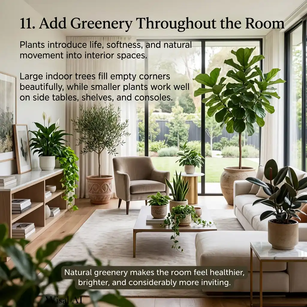 Elegant living room with indoor plants and natural greenery.