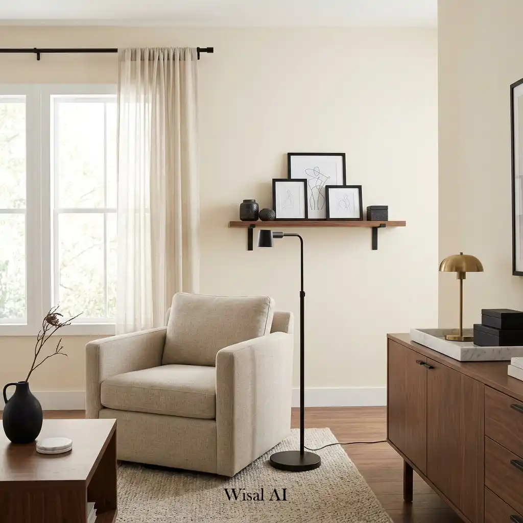 Contemporary living room with matte black accents and Mocha Mousse furnishings.