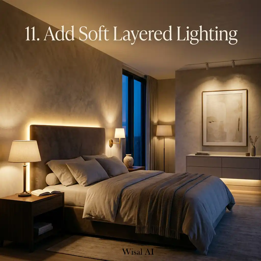 Contemporary bedroom featuring layered ambient lighting for warmth, comfort, and visual depth.