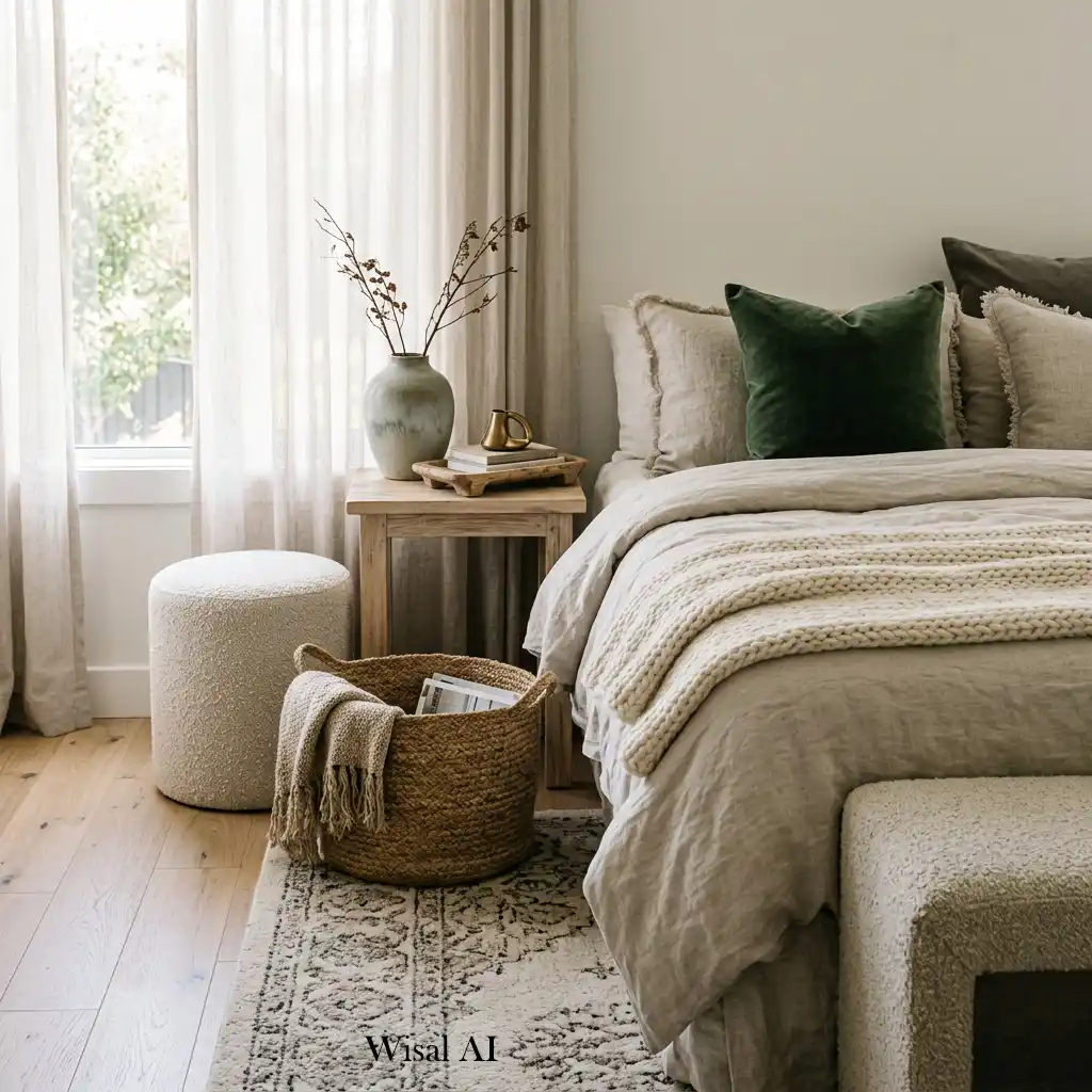 Luxury bedroom decorated with textured pillows, woven baskets, and natural accessories.