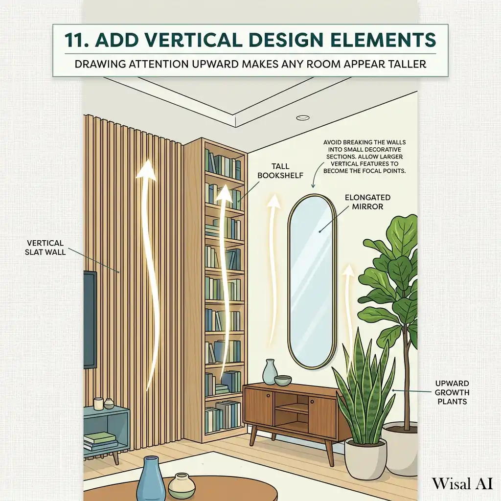 Contemporary living room with tall shelving and vertical wall design elements.