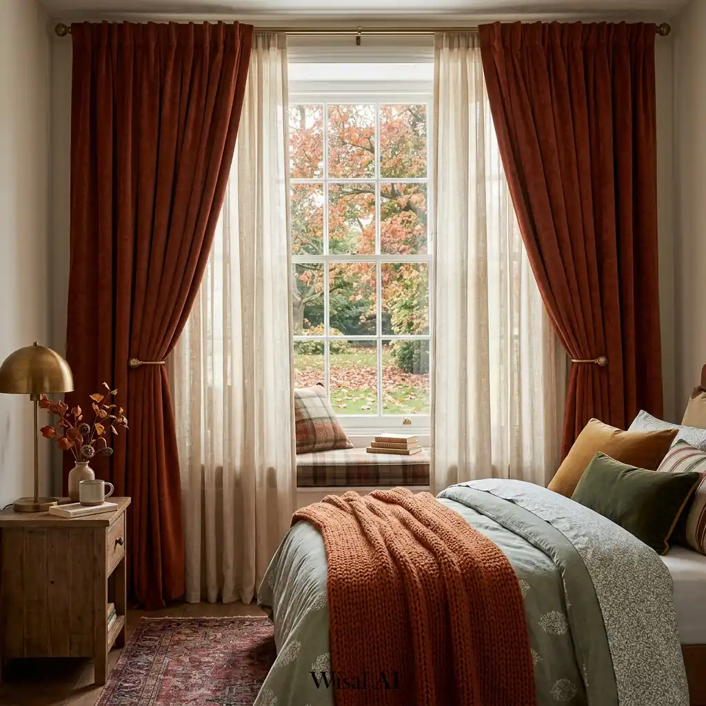 Layered window treatments creating a cozy and luxurious bedroom feel.