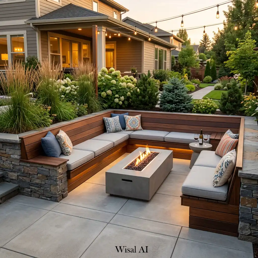 Contemporary backyard featuring custom built-in seating and integrated landscaping