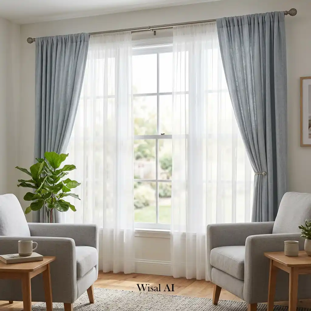 Layered window treatments balancing natural daylight with privacy in a stylish living room.