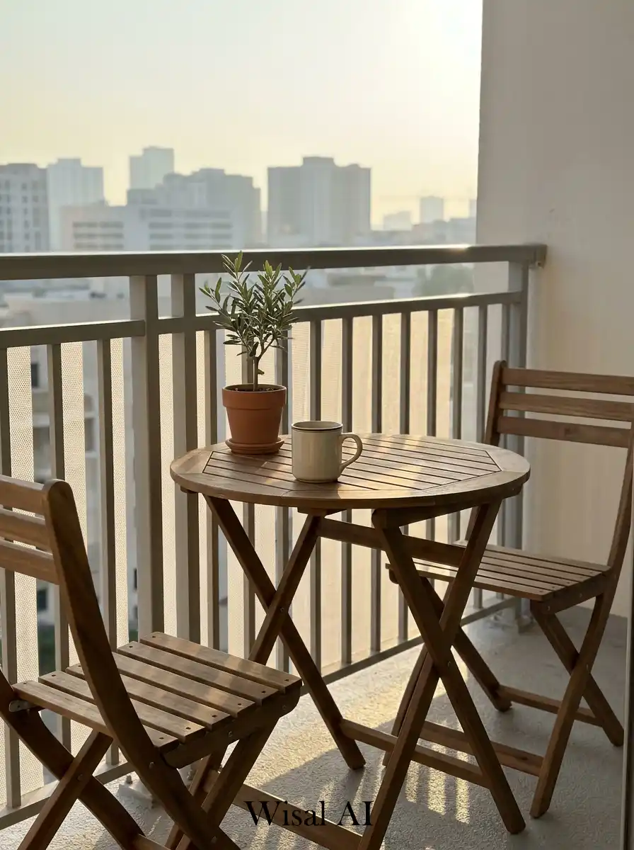 Cozy balcony dining setup with small round table and warm relaxing outdoor atmosphere.