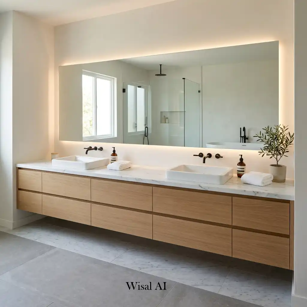 Wall-to-wall floating bathroom vanity with seamless storage and oversized mirror.