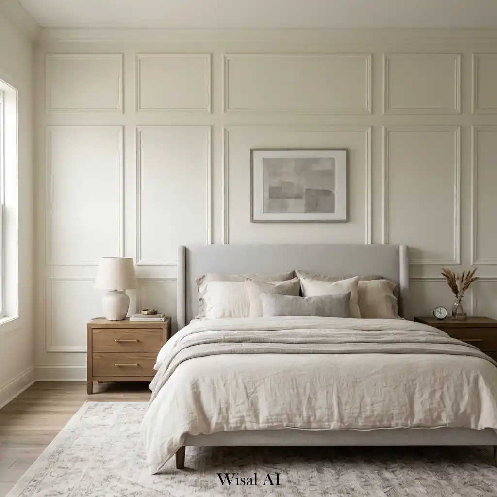 Bedroom wall paneling painted in soft neutral tones with classic molding.