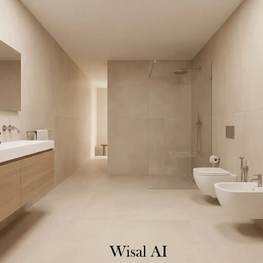 Floor-to-ceiling beige tiles luxury seamless bathroom design