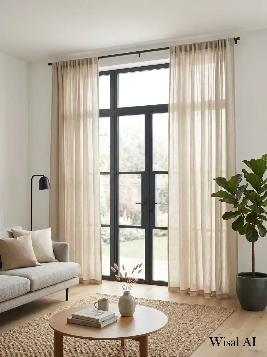 Minimal living room with beige base walls charcoal abstract art and clean modern luxury aesthetic.