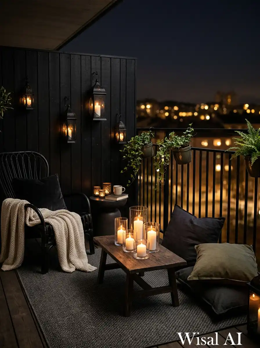 Romantic black balcony illuminated with soft candlelight in lanterns creating a warm cozy nighttime mood.
