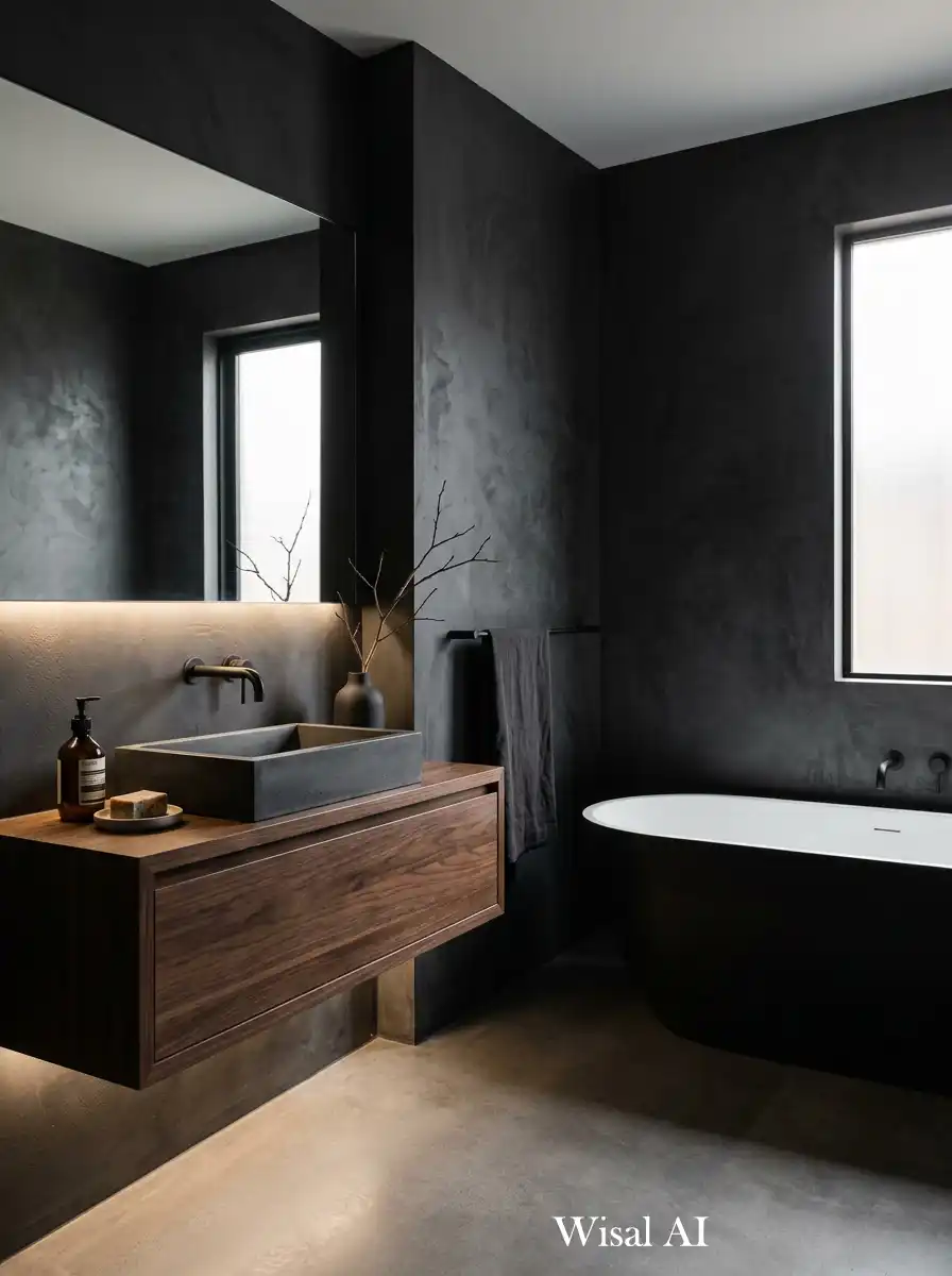 Black bathroom with concrete textures and industrial modern minimalist design aesthetic.