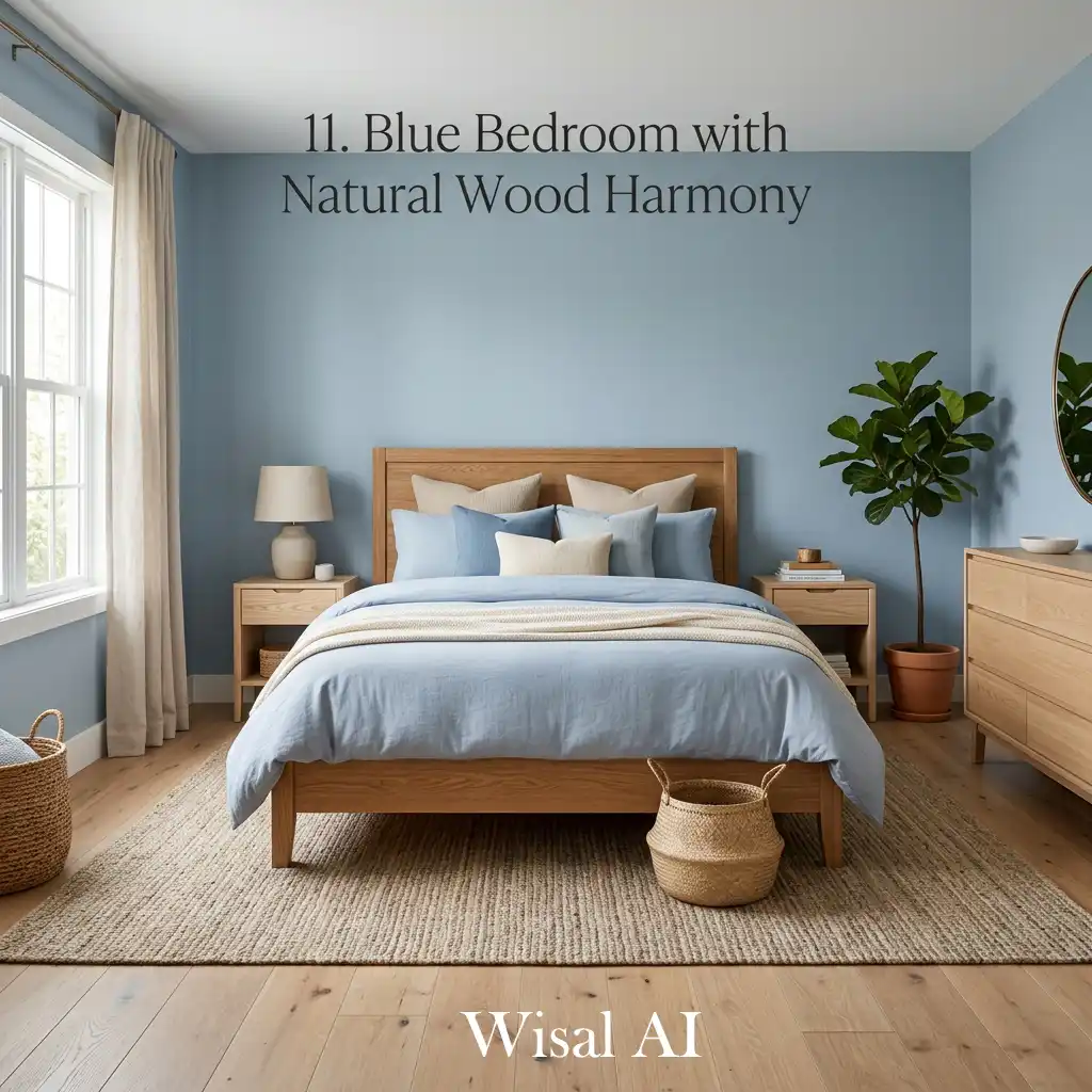 Blue bedroom with indoor plants and natural green accents