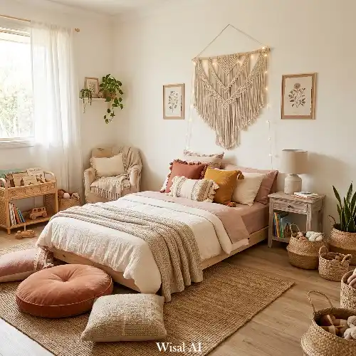 Bohemian kids bedroom with woven textures, soft fabrics, and warm earthy color palette