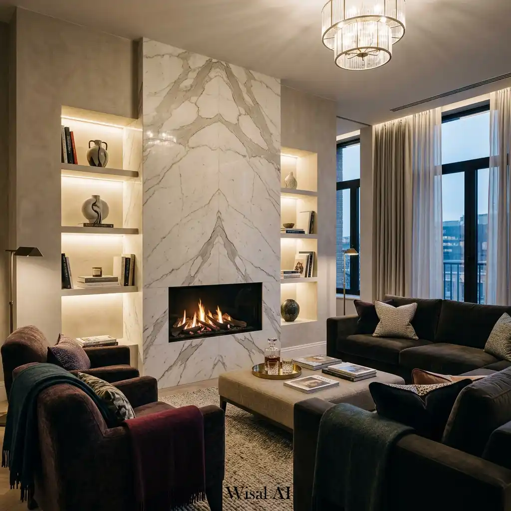 Elegant living room featuring a dramatic fireplace wall and luxury finishes