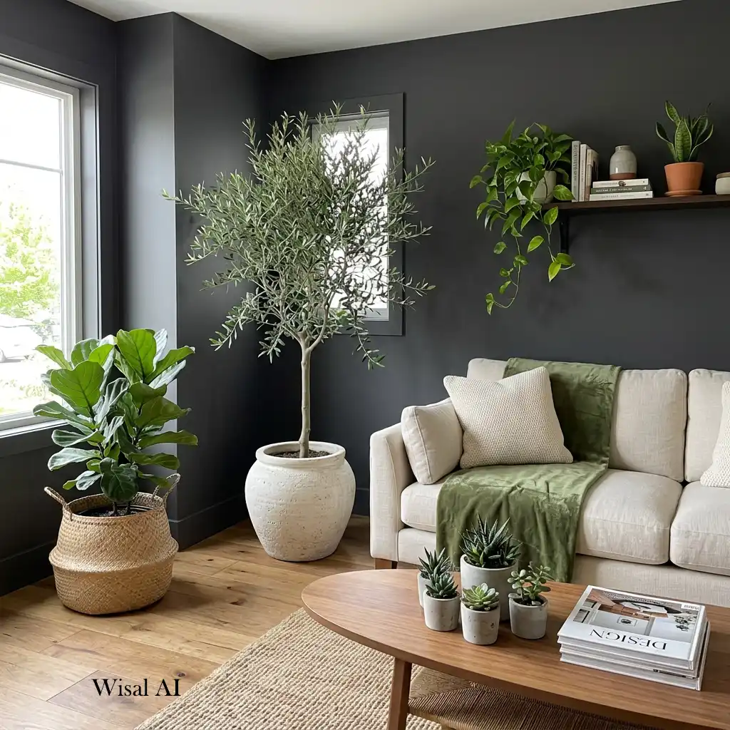 Charcoal gray living room featuring large indoor plants.