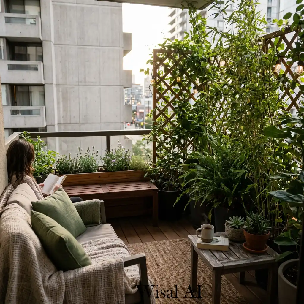 Private balcony retreat with natural screens and lush greenery