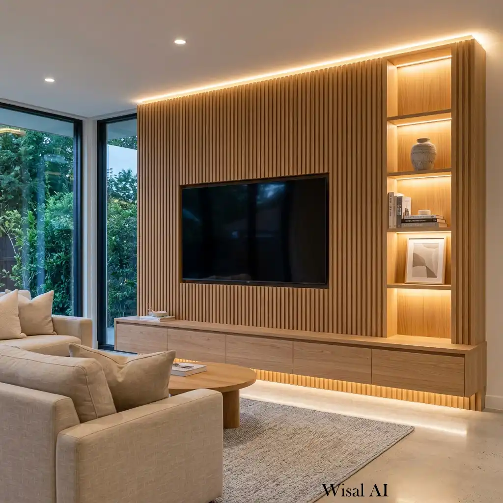 Living room with a fluted wood built-in TV wall and floating cabinets.