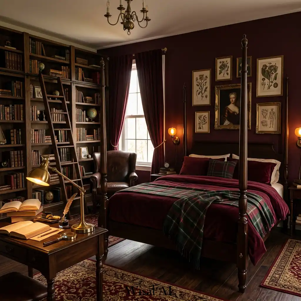 Dark academia burgundy bedroom with bookshelves and vintage decor