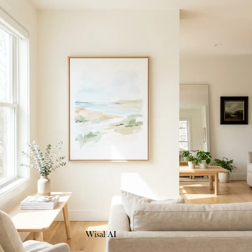 Elegant living room showcasing light-toned artwork that enhances brightness and visual harmony.
