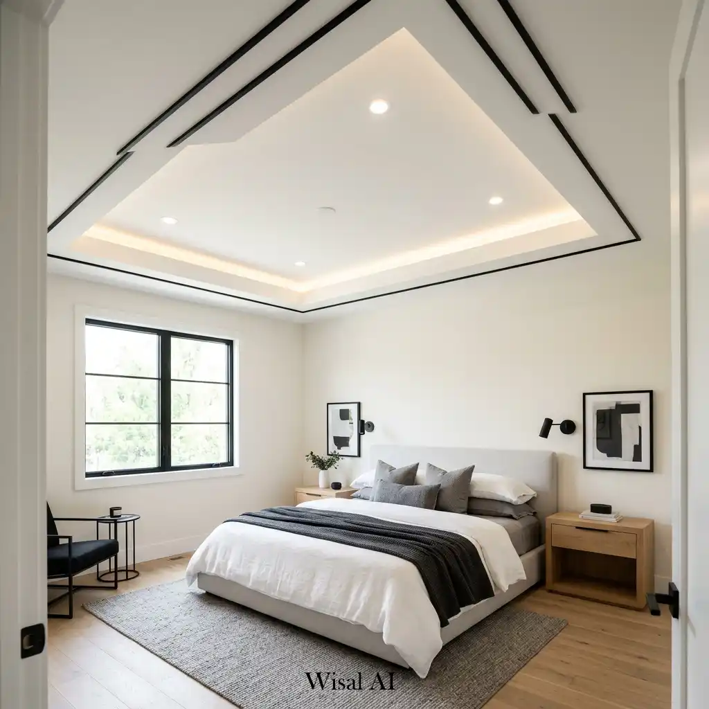 Contemporary bedroom ceiling with black architectural trim and clean geometric lines.
