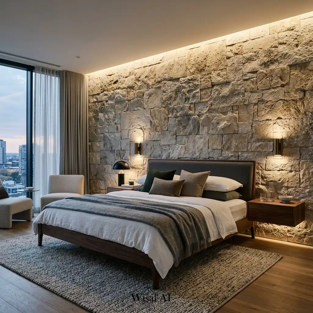 Luxury bedroom showcasing a natural stone feature wall and premium finishes