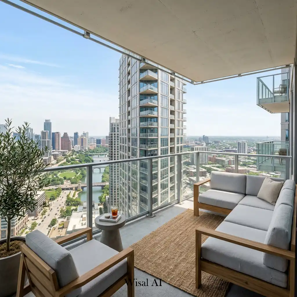 Corner balcony offering panoramic views of a modern urban skyline