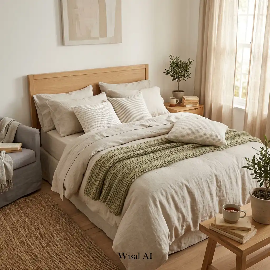 Cozy bedroom decorated with natural linen bedding and curtains.