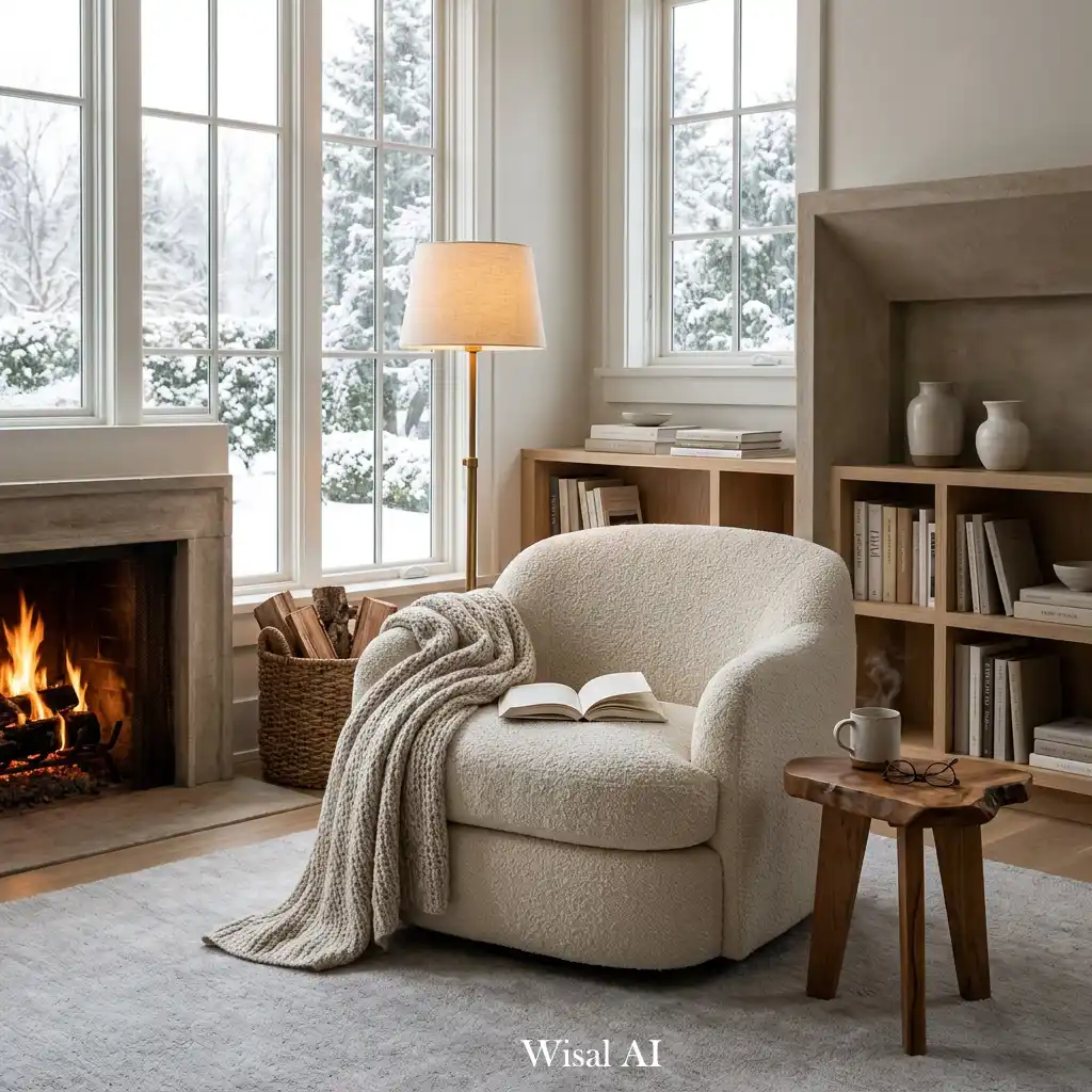 Bouclé accent chair creating a cozy reading corner in a winter living room.