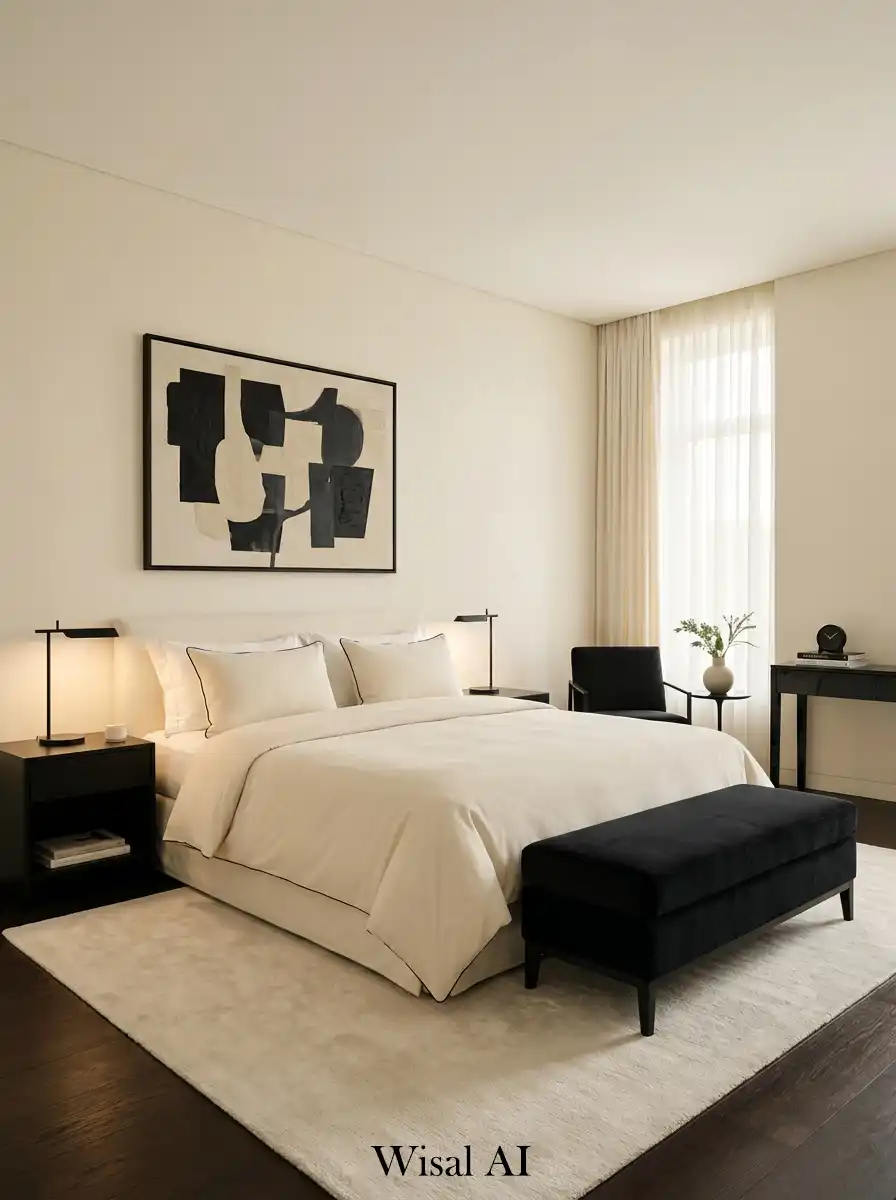 Luxury hotel-style bedroom with cream base colors and black accents for soft elegant design.