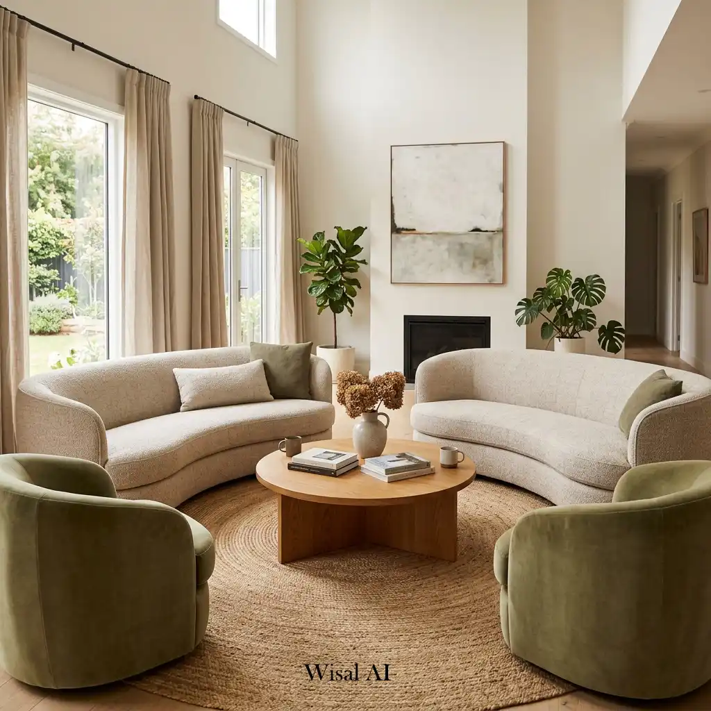 Comfortable conversation area created with curved sofas and rounded chairs.