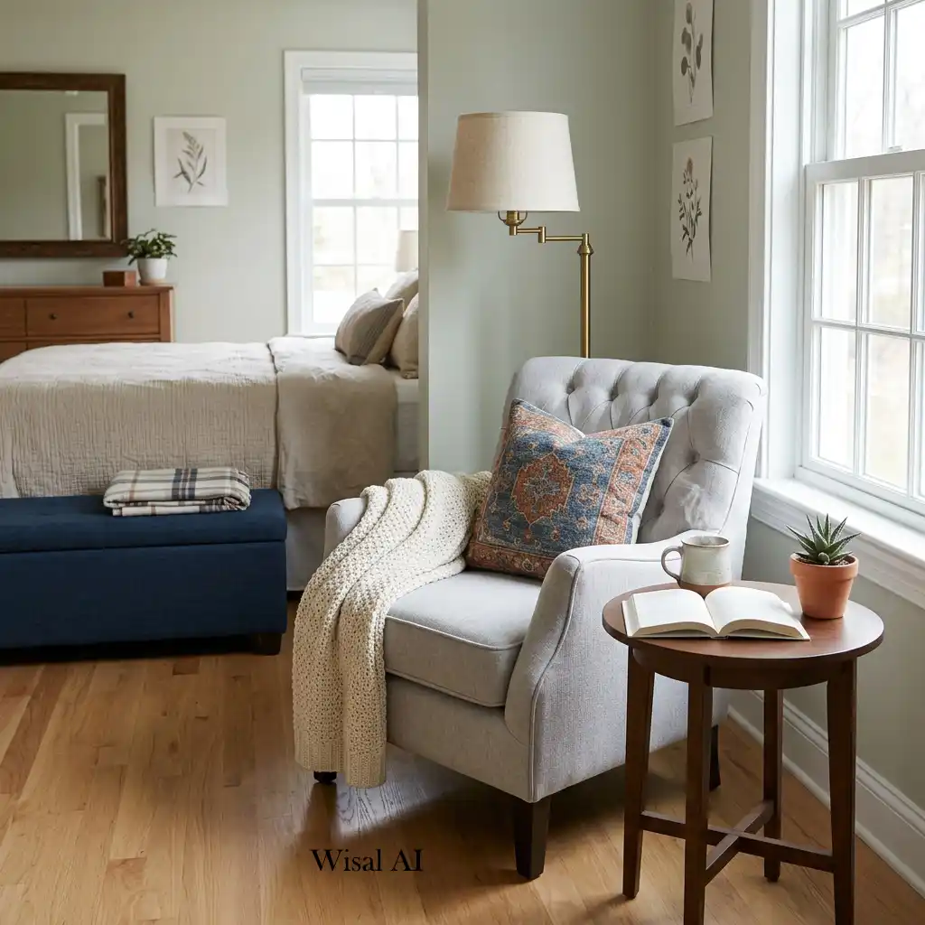 Luxury bedroom seating area with upholstered chair and stylish side table.