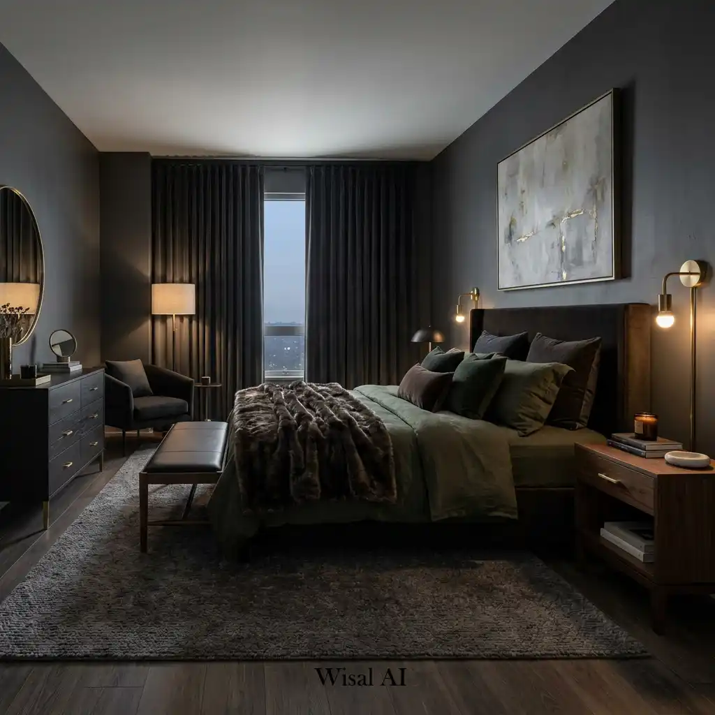Dark luxury master bedroom with moody colors and warm lighting