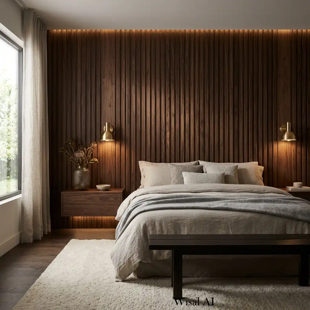 Luxury bedroom with fluted dark wood wall panels behind the bed.