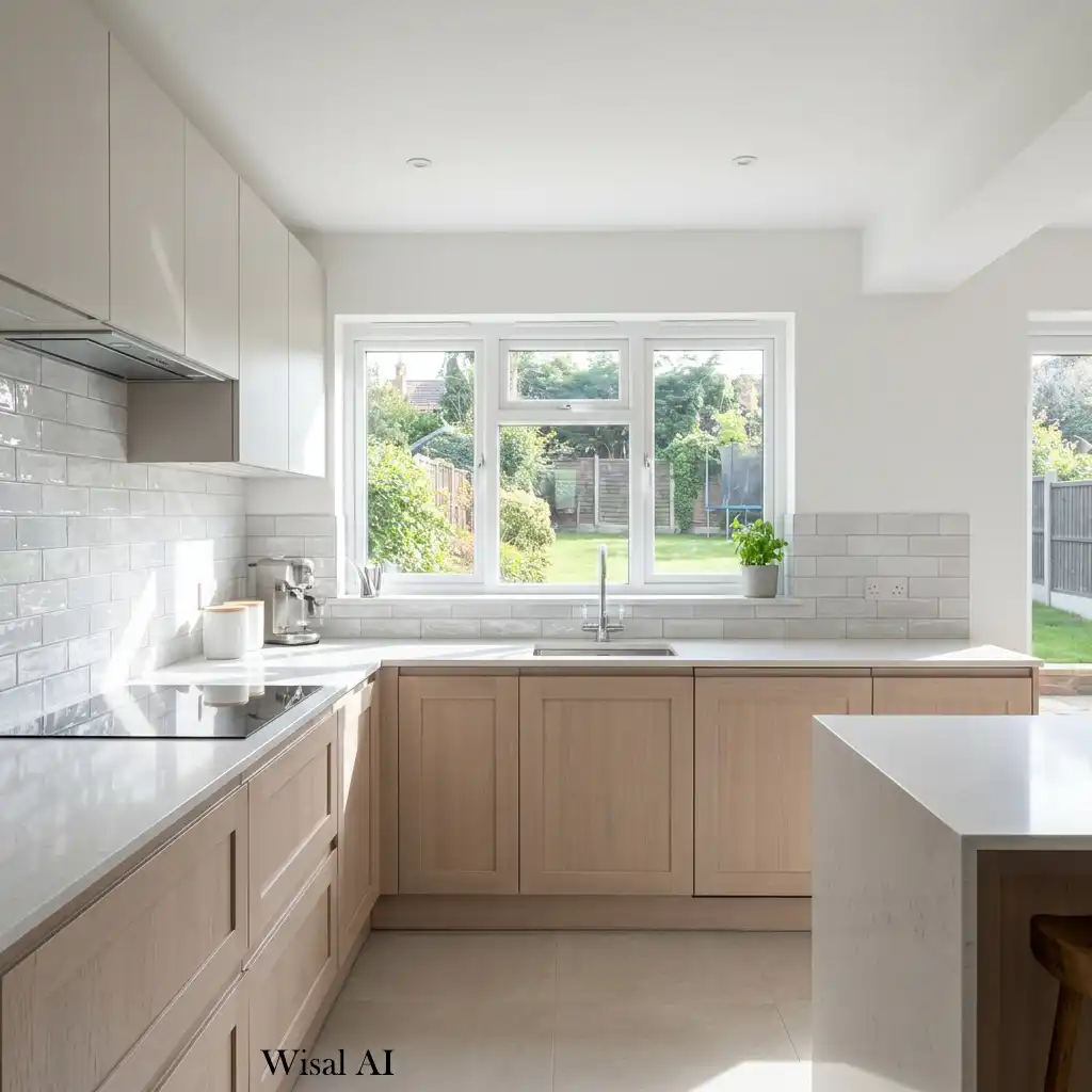 Bright kitchen filled with natural light through large windows, highlighting light countertops and elegant finishes.